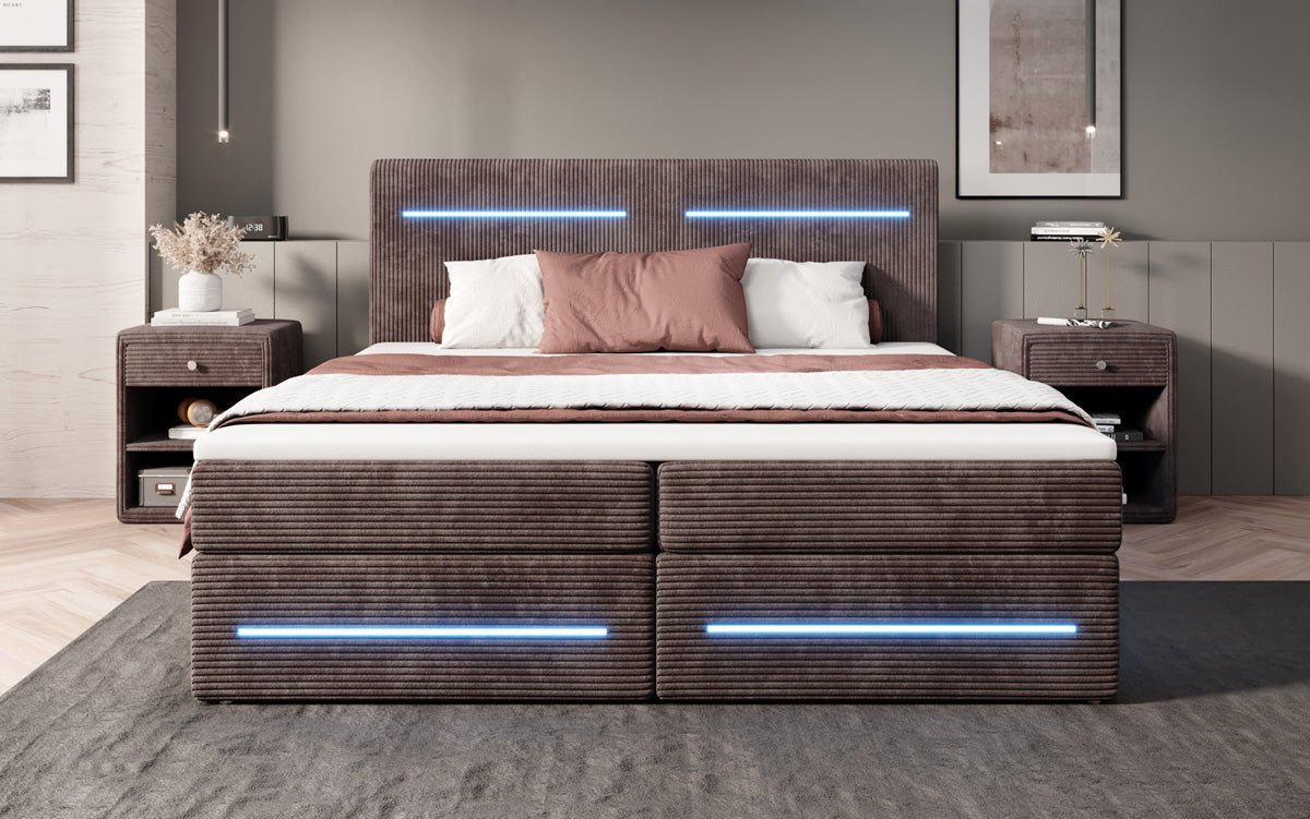 Boxspring bed Lara with storage and LED in corduroy