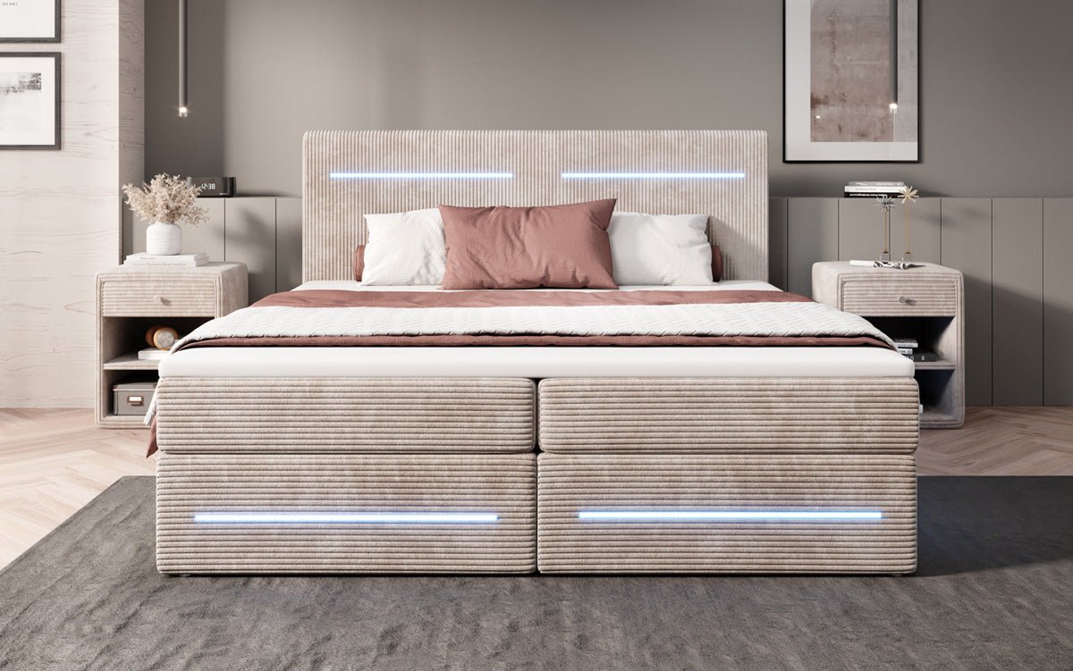 Boxspring bed Lara with storage and LED in corduroy