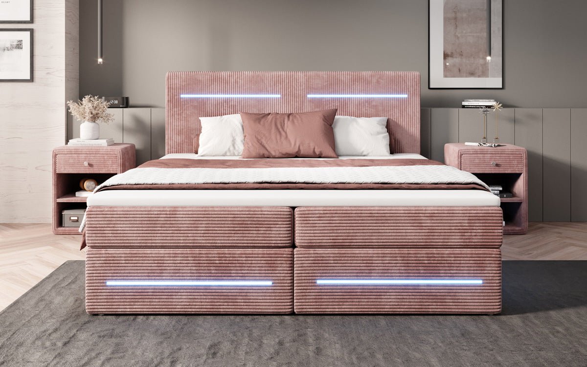 Boxspring bed Lara with storage and LED in corduroy