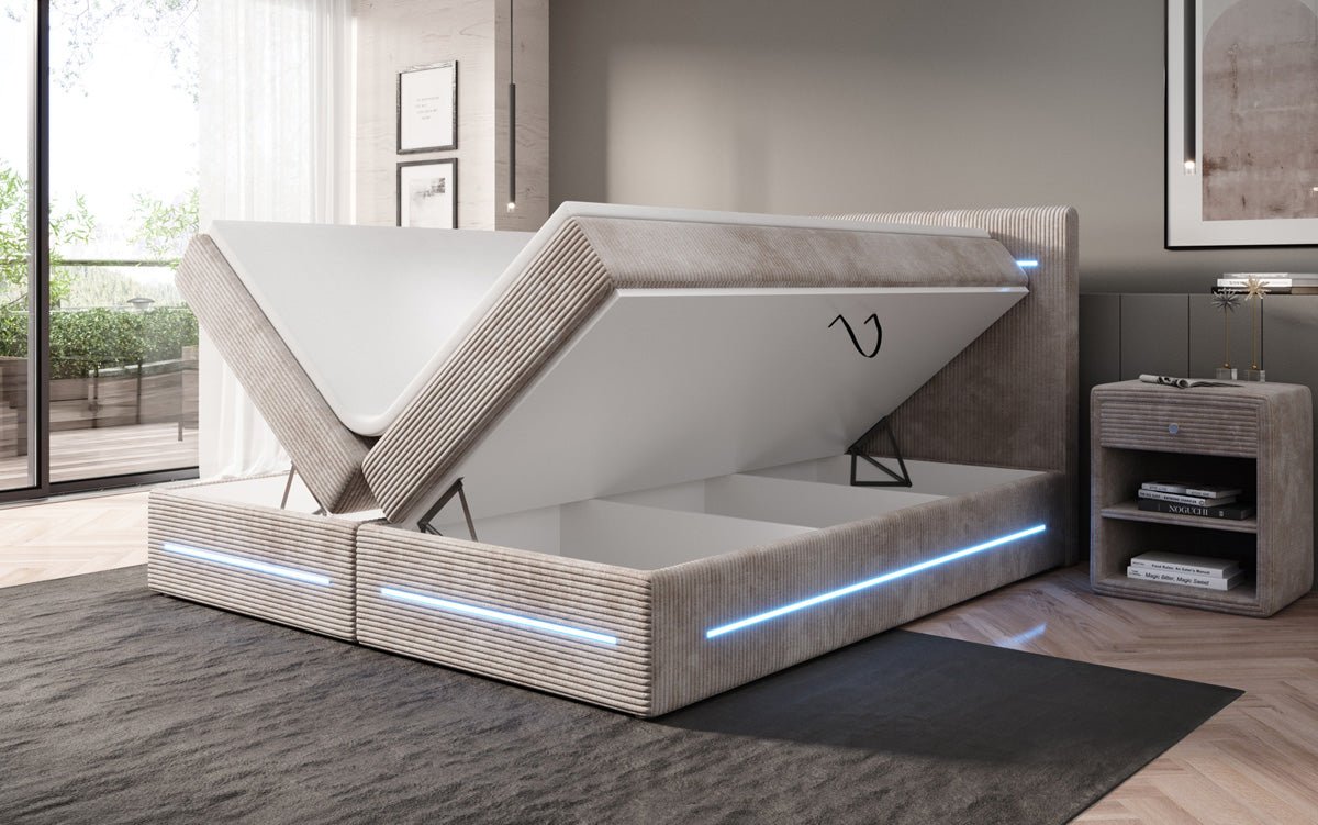Boxspring bed Lara with storage and LED in corduroy