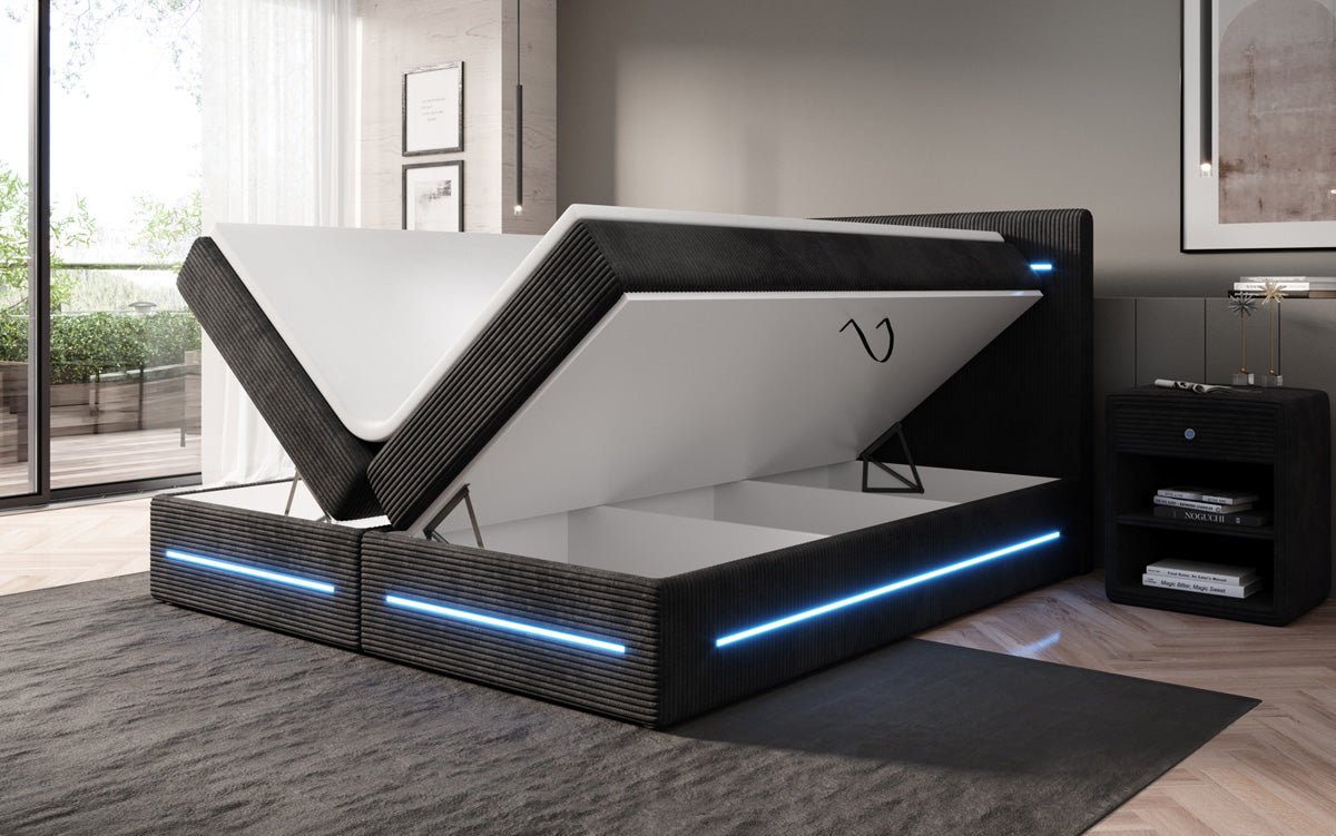 Boxspring bed Lara with storage and LED in corduroy