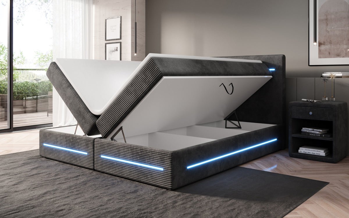 Boxspring bed Lara with storage and LED in corduroy