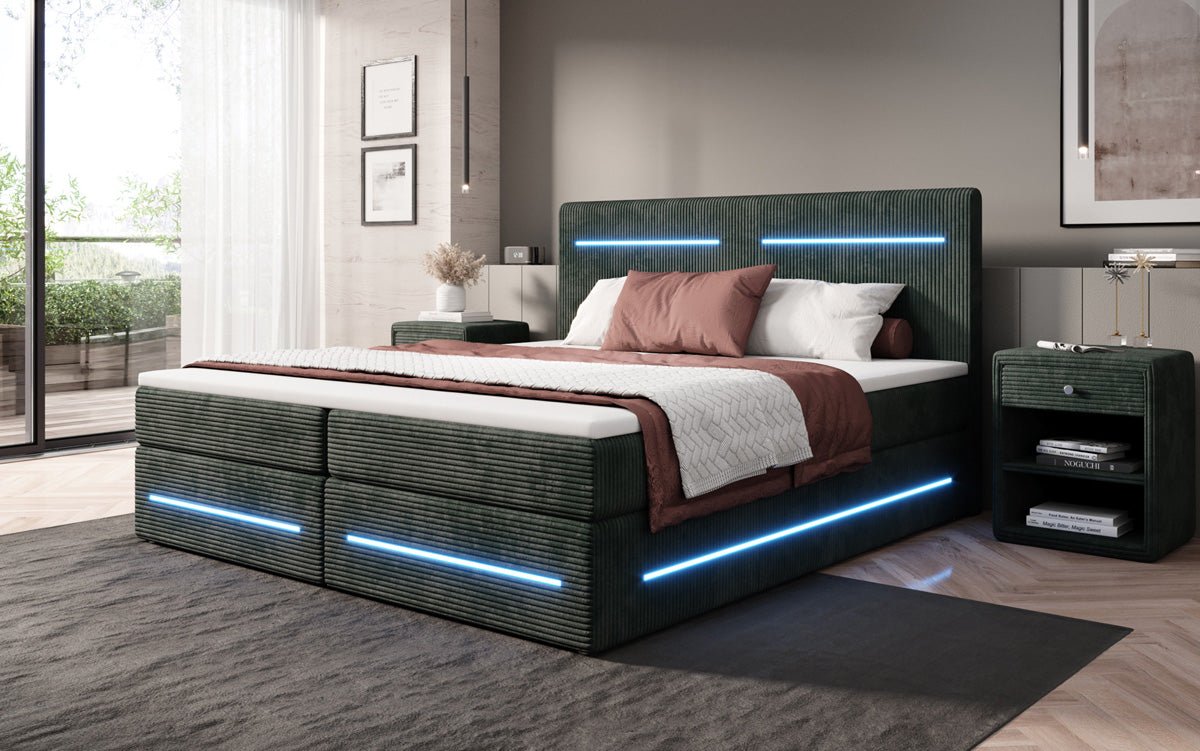 Boxspring bed Lara with storage and LED in corduroy