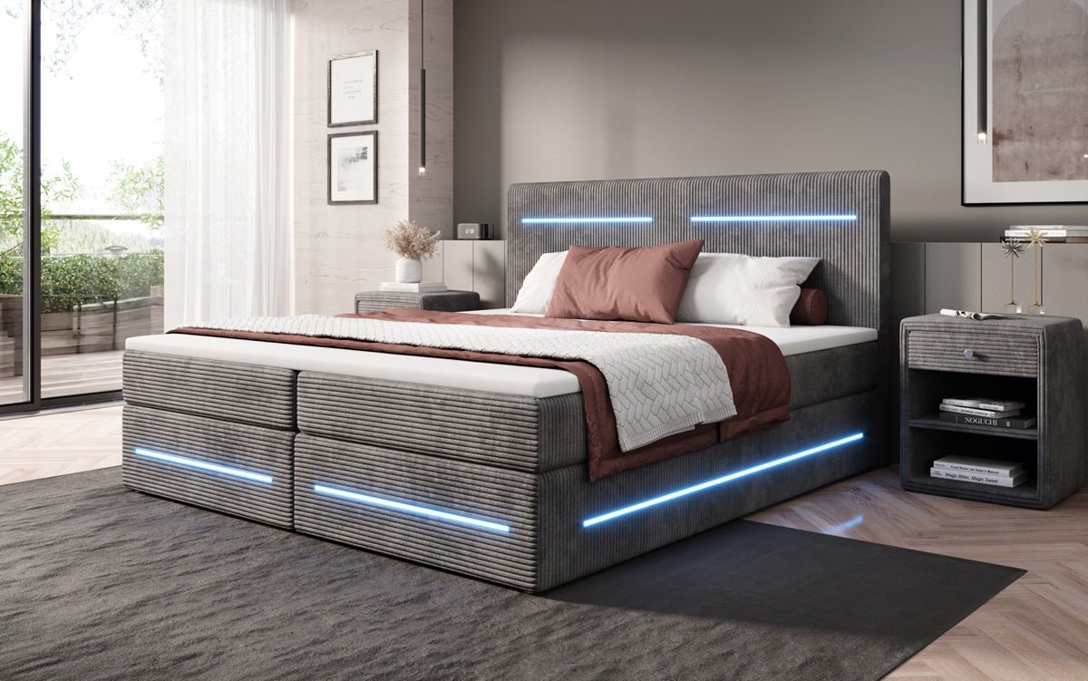 Boxspring bed Lara with storage and LED in corduroy