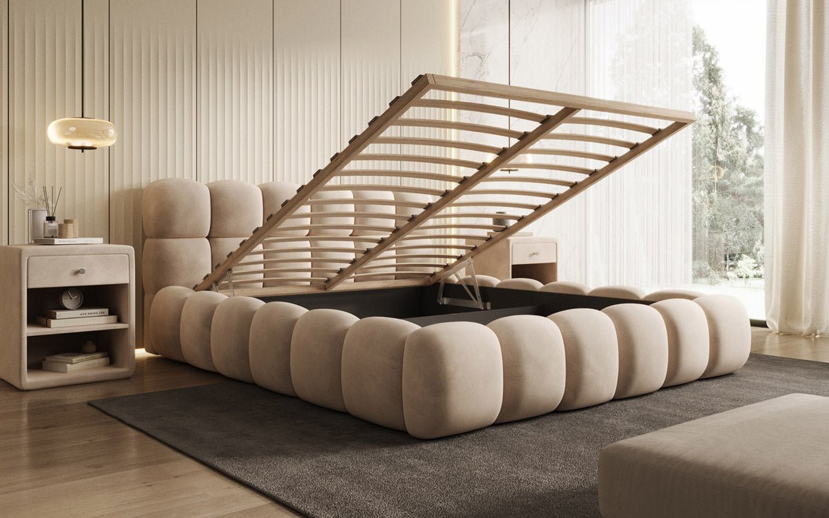 Designer Polsterbett Boston Samt mit Stauraum inkl. Aufbau
