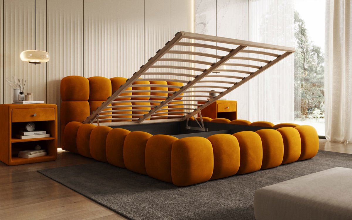 Designer Polsterbett Boston Samt mit Stauraum inkl. Aufbau