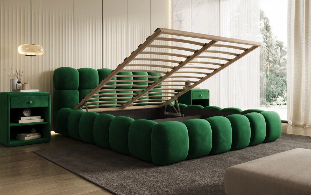 Designer Polsterbett Boston Samt mit Stauraum inkl. Aufbau