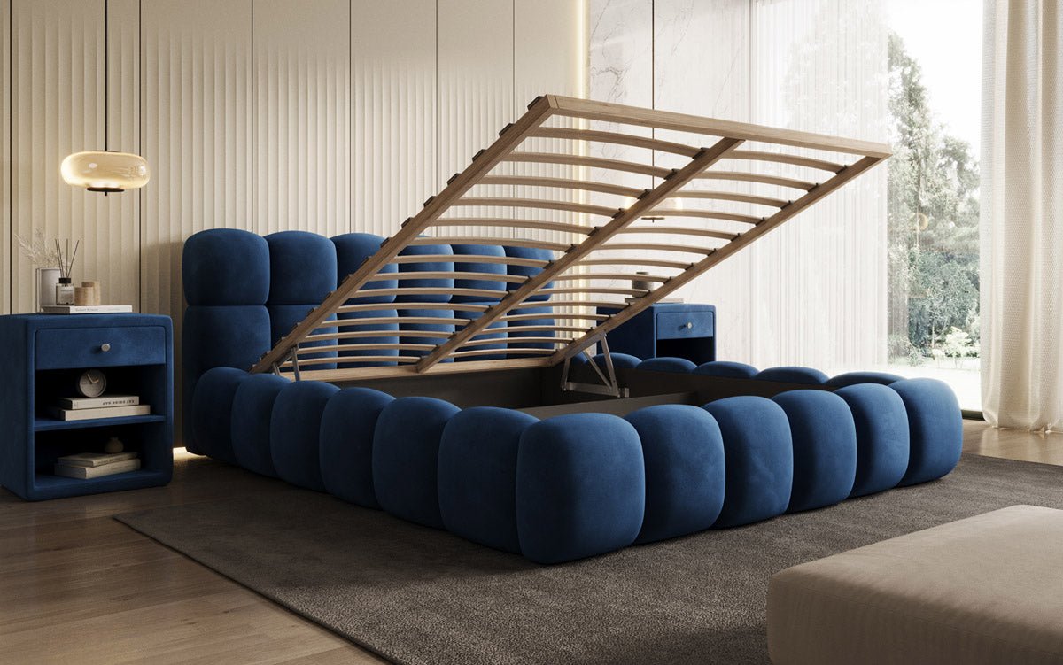 Designer Polsterbett Boston Samt mit Stauraum inkl. Aufbau