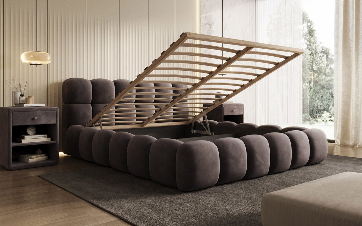 Designer Polsterbett Boston Samt mit Stauraum inkl. Aufbau