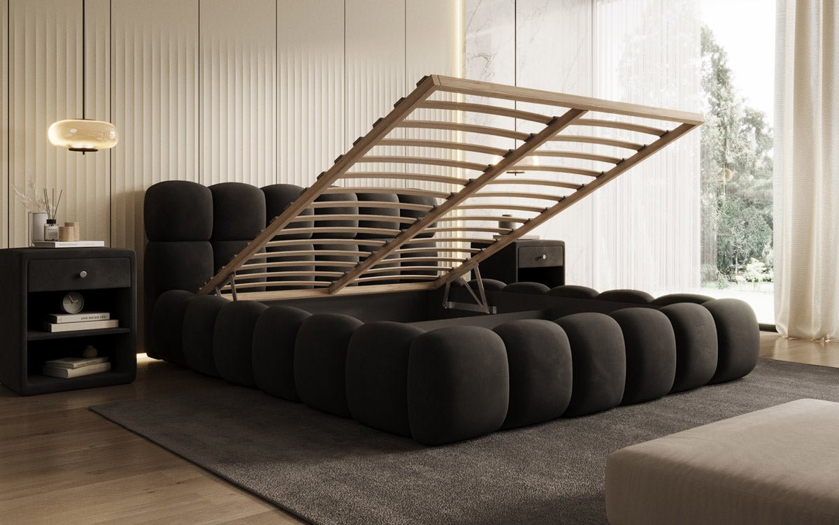 Designer Polsterbett Boston Samt mit Stauraum inkl. Aufbau