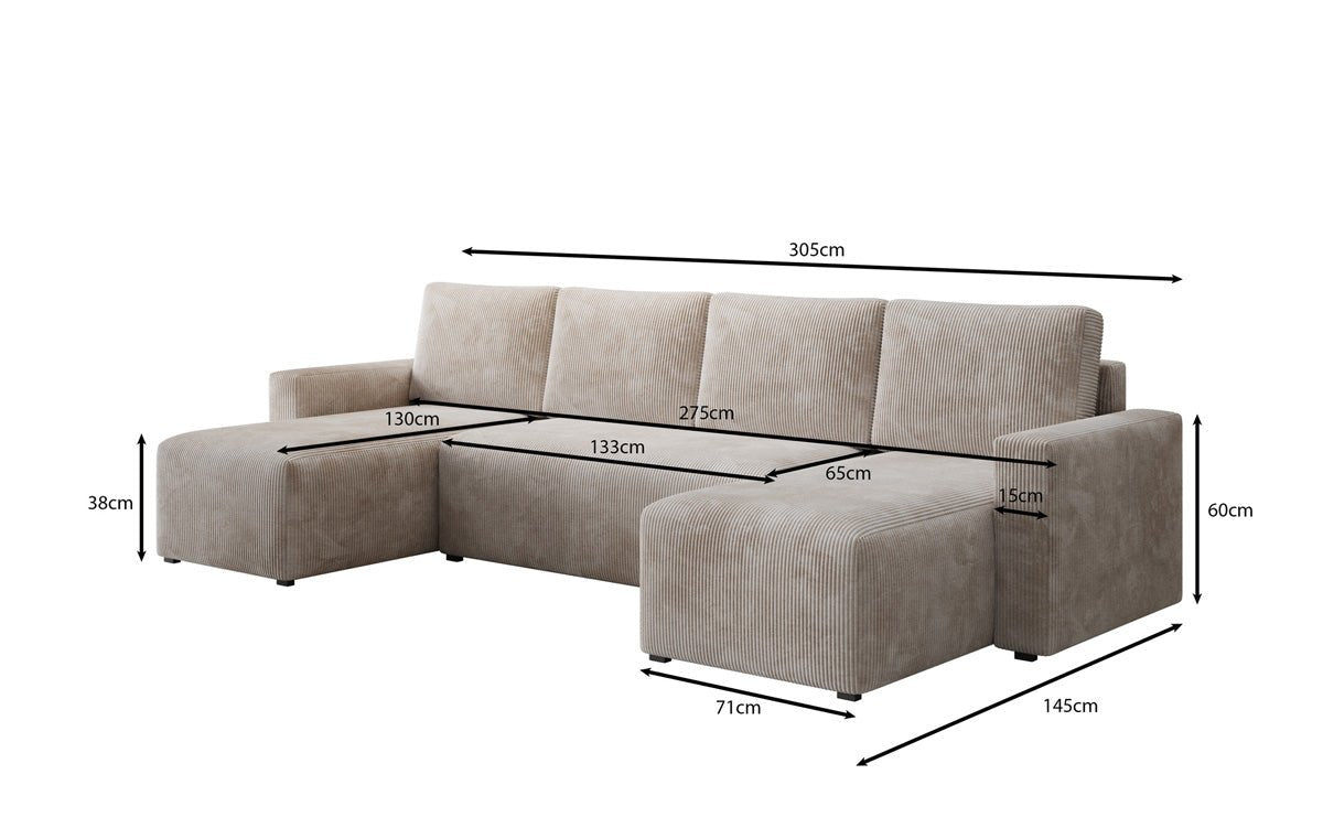 Designer Sofa Melva U met slaap- en klapfunctie in Ribstof