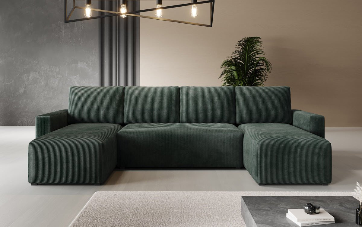 Designer Sofa Melva U met slaap- en klapfunctie in Ribstof