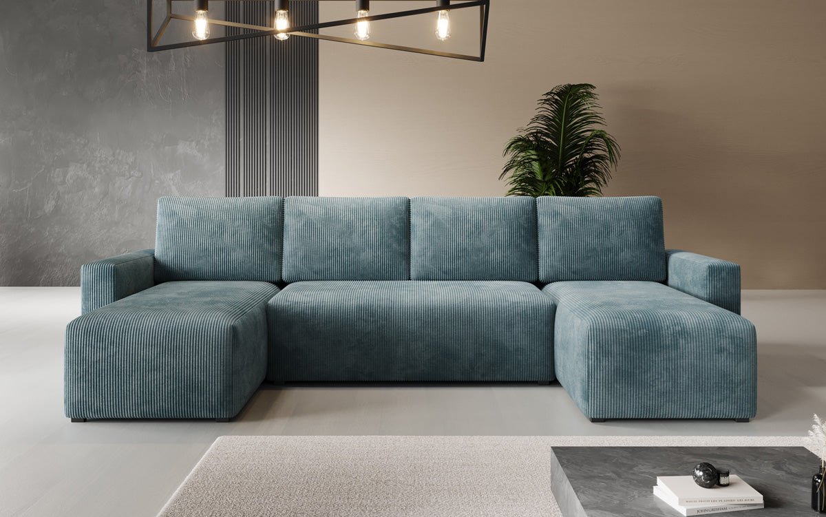 Designer Sofa Melva U met slaap- en klapfunctie in Ribstof