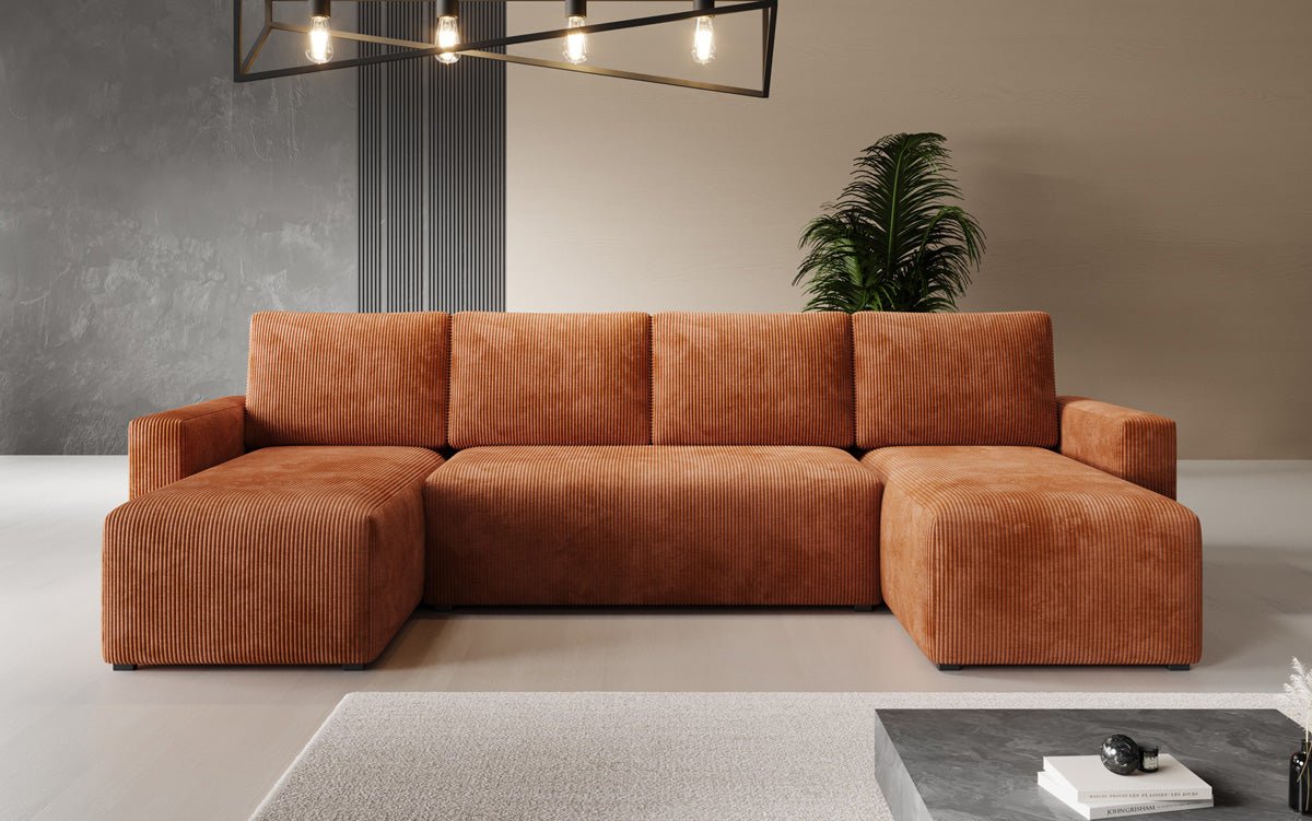 Designer Sofa Melva U met slaap- en klapfunctie in Ribstof