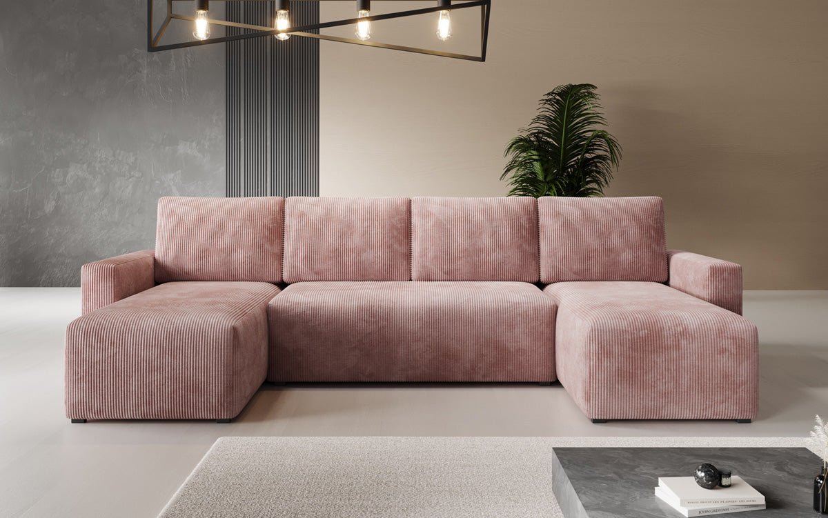 Designer Sofa Melva U met slaap- en klapfunctie in Ribstof