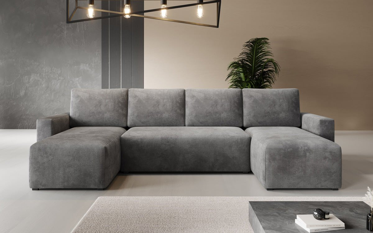 Designer Sofa Melva U met slaap- en klapfunctie in Ribstof