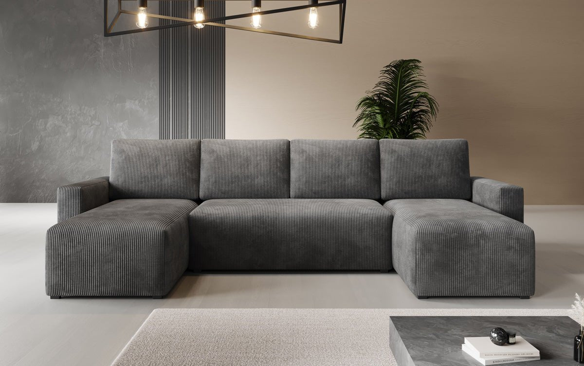 Designer Sofa Melva U met slaap- en klapfunctie in Ribstof