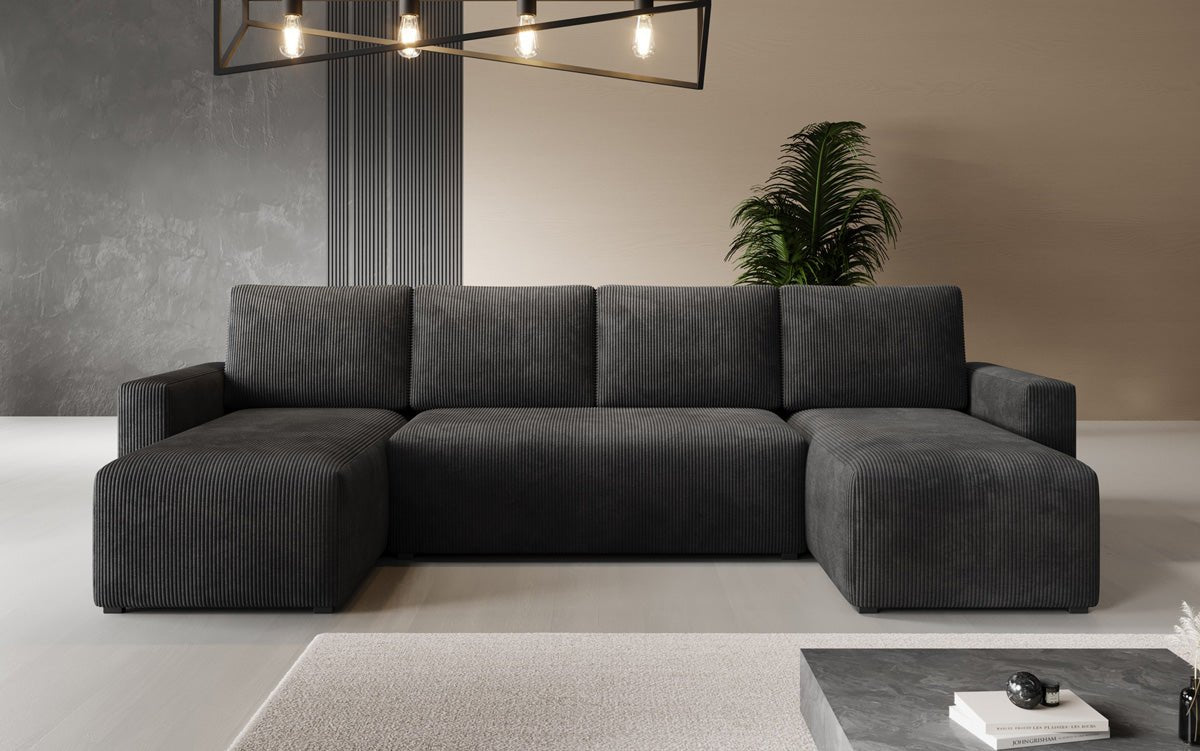 Designer Sofa Melva U met slaap- en klapfunctie in Ribstof