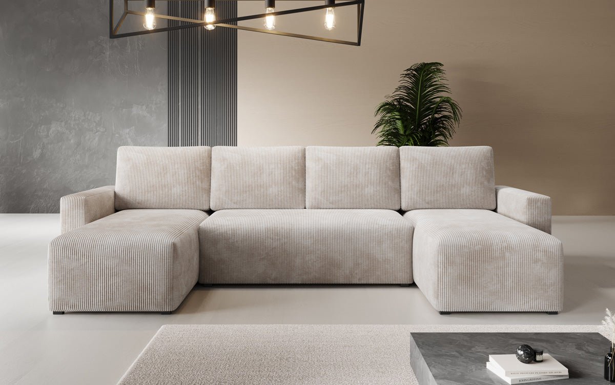 Designer Sofa Melva U met slaap- en klapfunctie in Ribstof