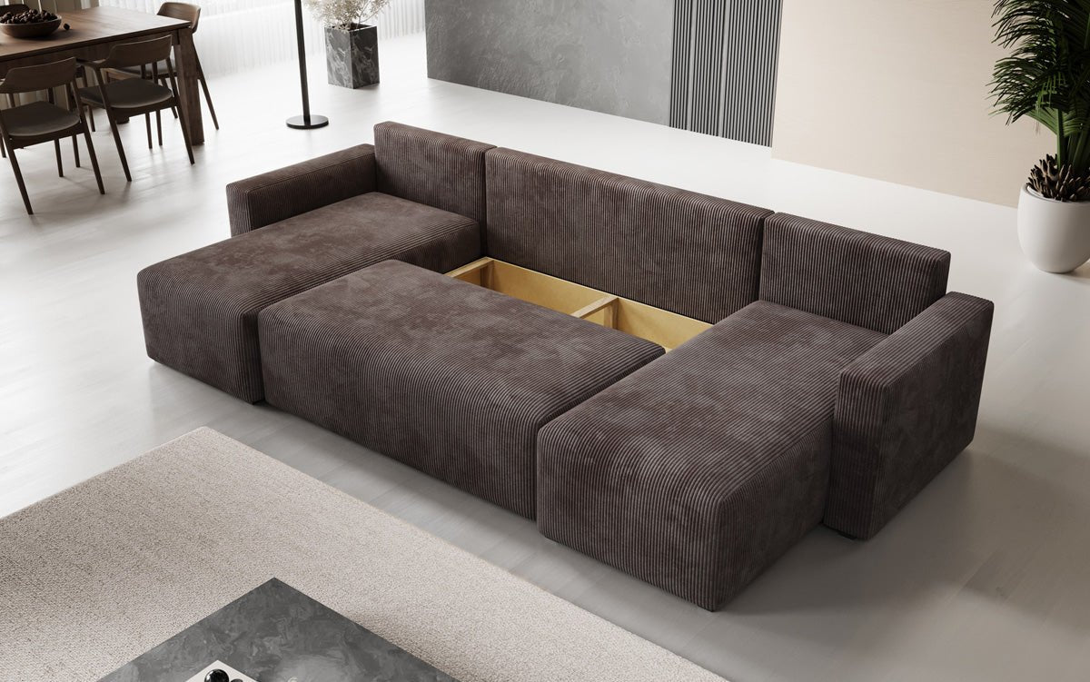Designer Sofa Melva U met slaap- en klapfunctie in Ribstof
