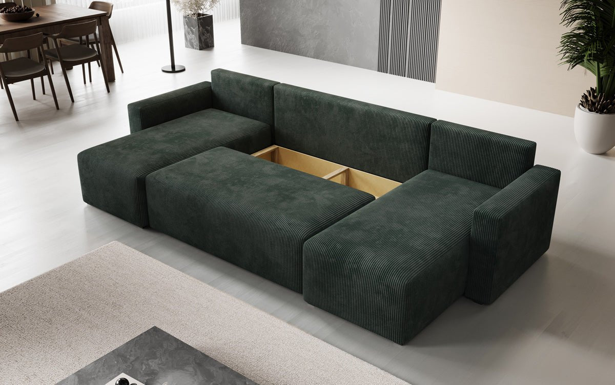 Designer Sofa Melva U met slaap- en klapfunctie in Ribstof