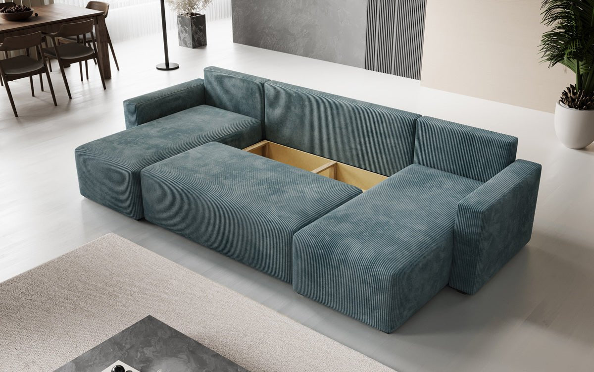 Designer Sofa Melva U met slaap- en klapfunctie in Ribstof