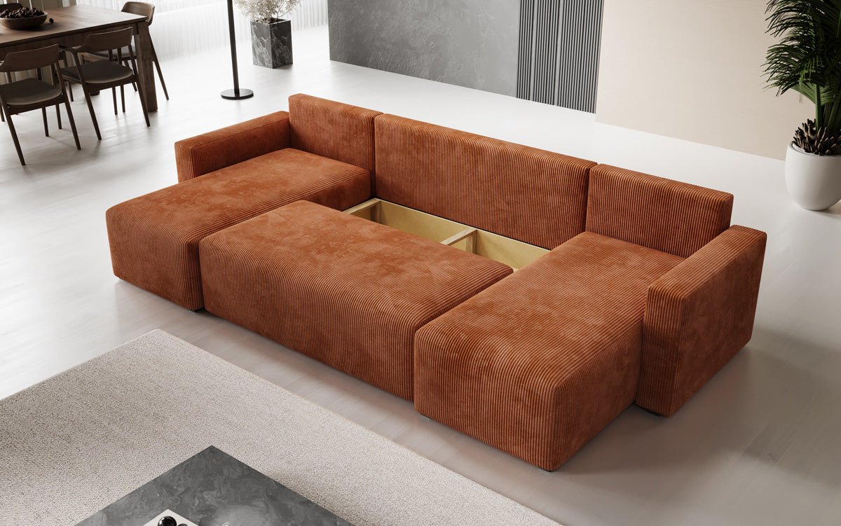 Designer Sofa Melva U met slaap- en klapfunctie in Ribstof