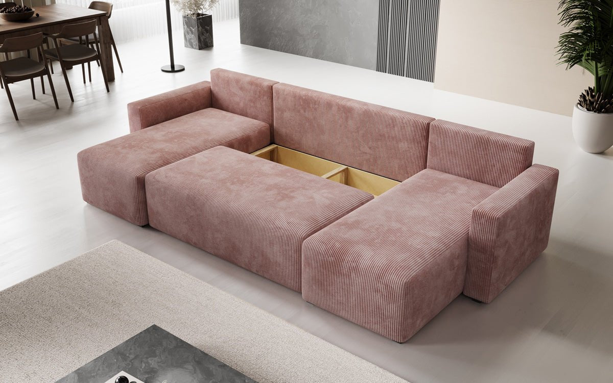 Designer Sofa Melva U met slaap- en klapfunctie in Ribstof