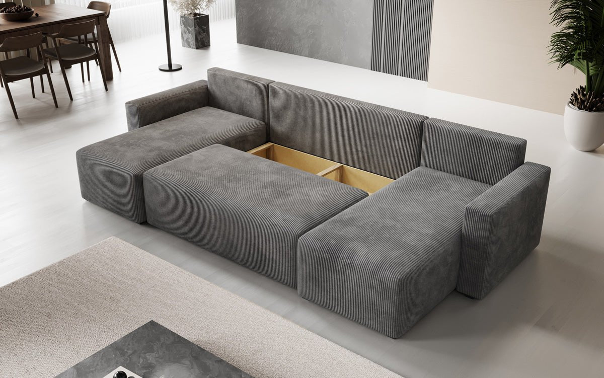 Designer Sofa Melva U met slaap- en klapfunctie in Ribstof