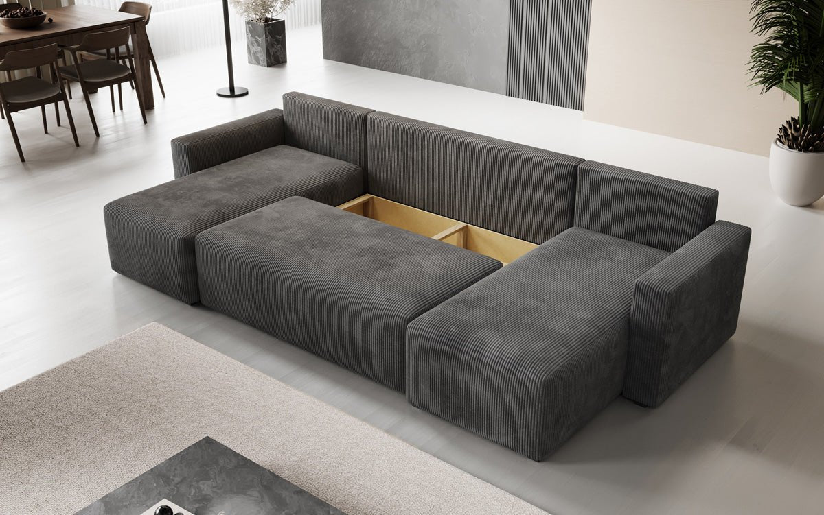 Designer Sofa Melva U met slaap- en klapfunctie in Ribstof