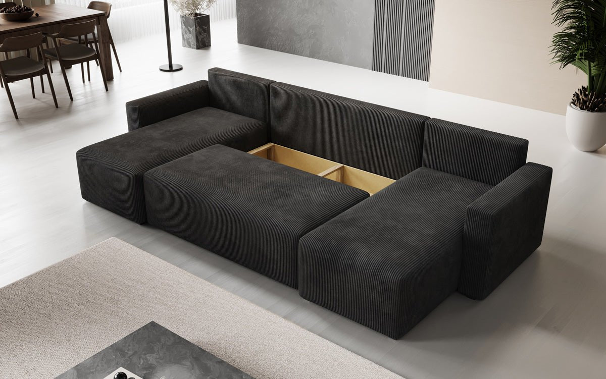 Designer Sofa Melva U met slaap- en klapfunctie in Ribstof