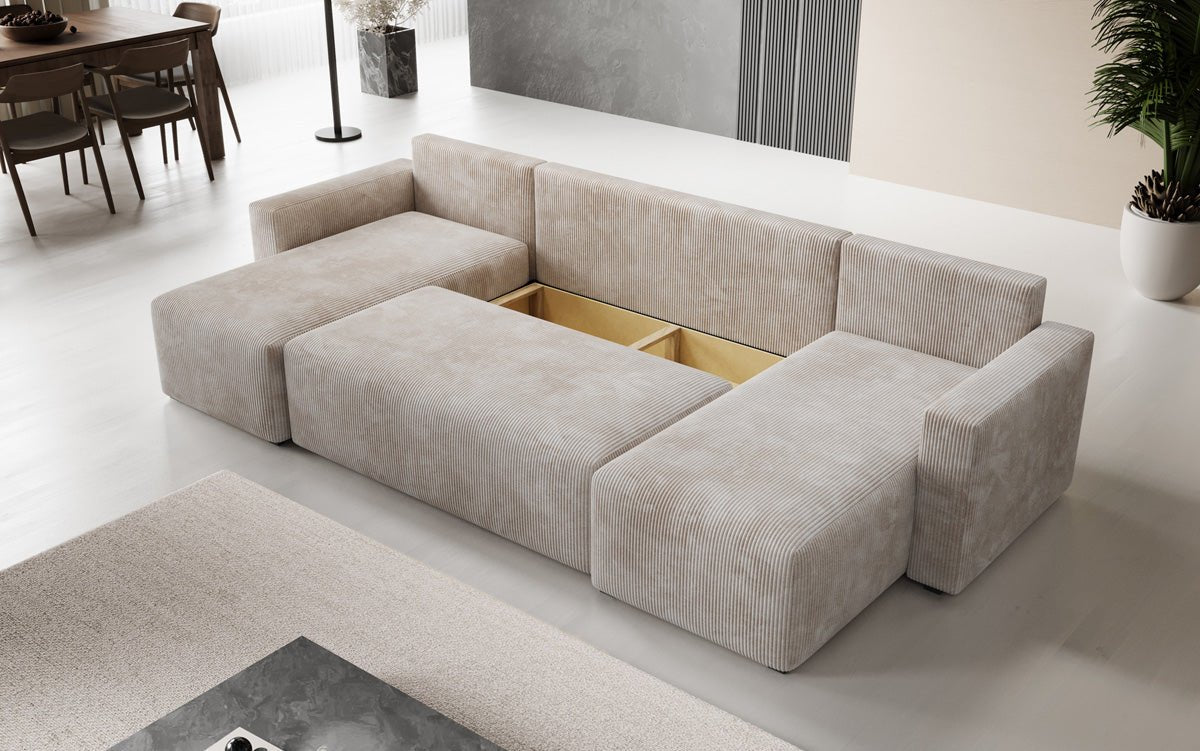 Designer Sofa Melva U met slaap- en klapfunctie in Ribstof