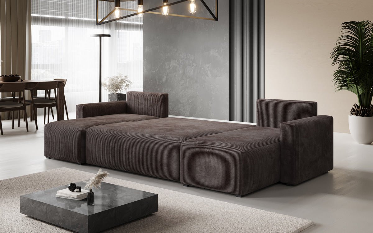 Designer Sofa Melva U met slaap- en klapfunctie in Ribstof