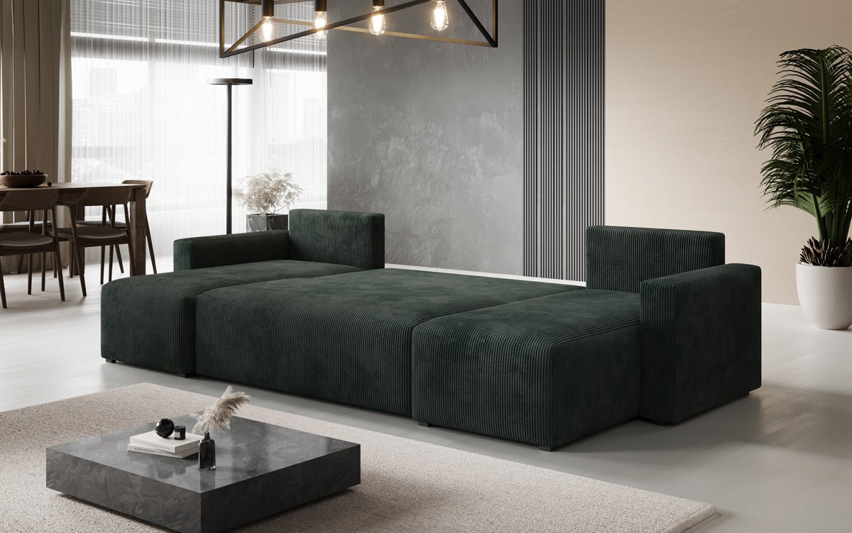 Designer Sofa Melva U met slaap- en klapfunctie in Ribstof