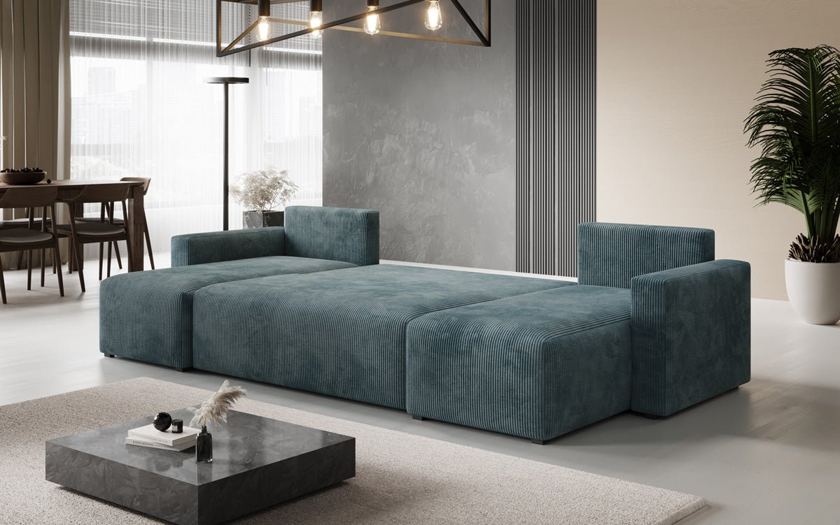 Designer Sofa Melva U met slaap- en klapfunctie in Ribstof