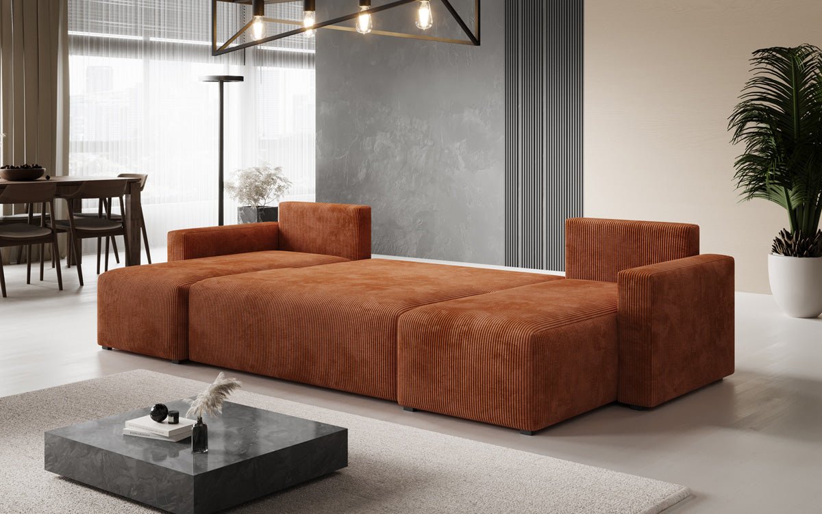 Designer Sofa Melva U met slaap- en klapfunctie in Ribstof