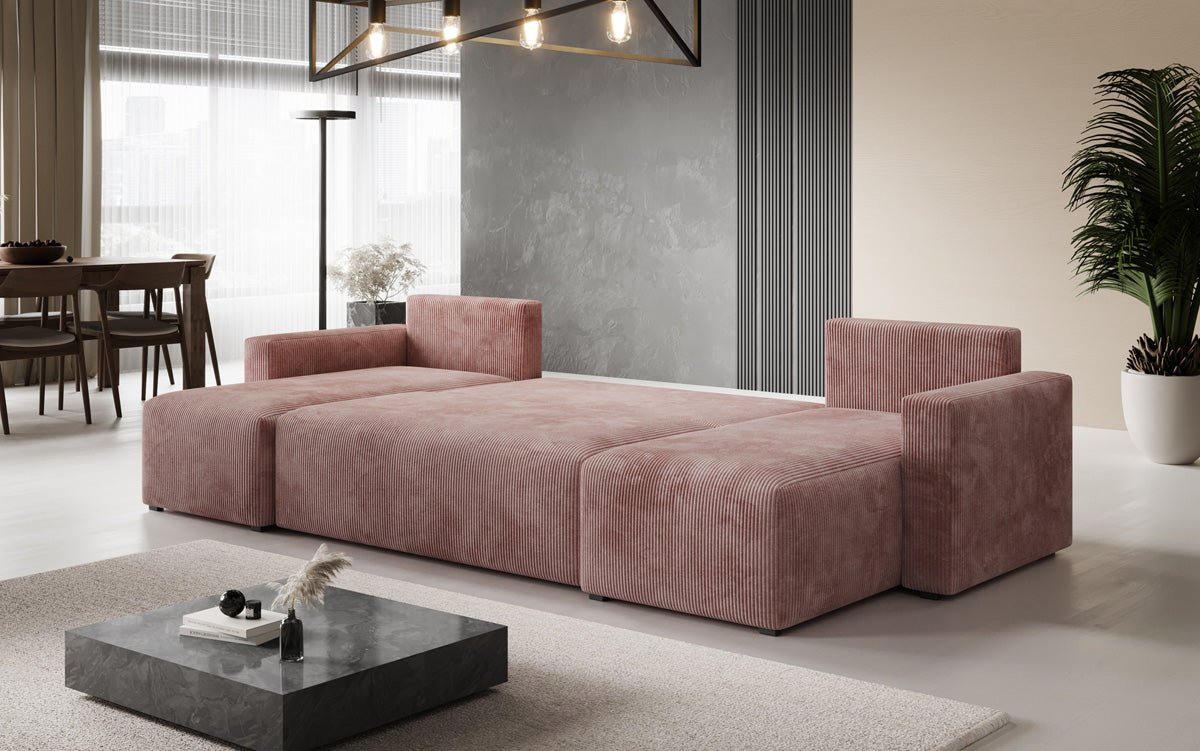 Designer Sofa Melva U met slaap- en klapfunctie in Ribstof