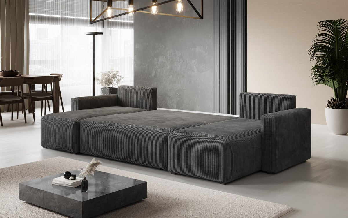 Designer Sofa Melva U met slaap- en klapfunctie in Ribstof