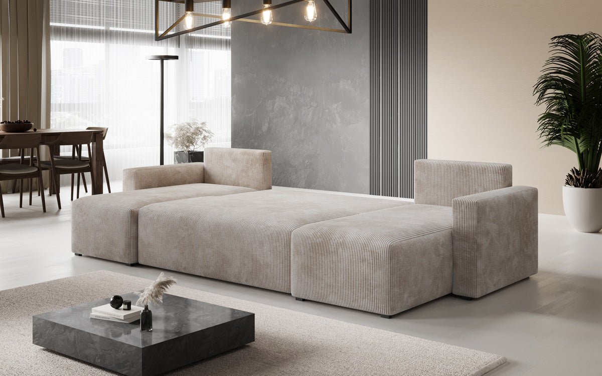 Designer Sofa Melva U met slaap- en klapfunctie in Ribstof