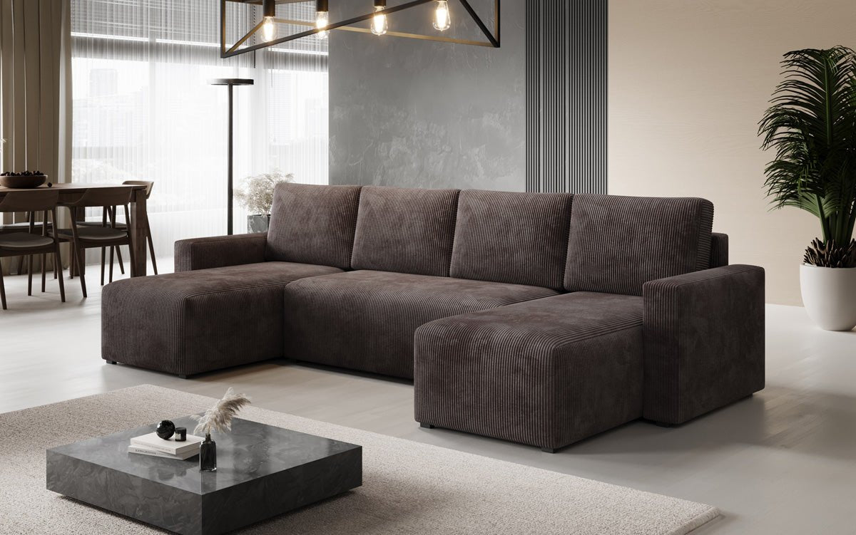 Designer Sofa Melva U met slaap- en klapfunctie in Ribstof