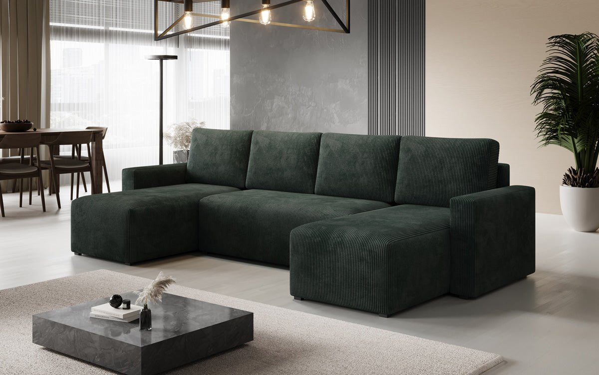 Designer Sofa Melva U met slaap- en klapfunctie in Ribstof