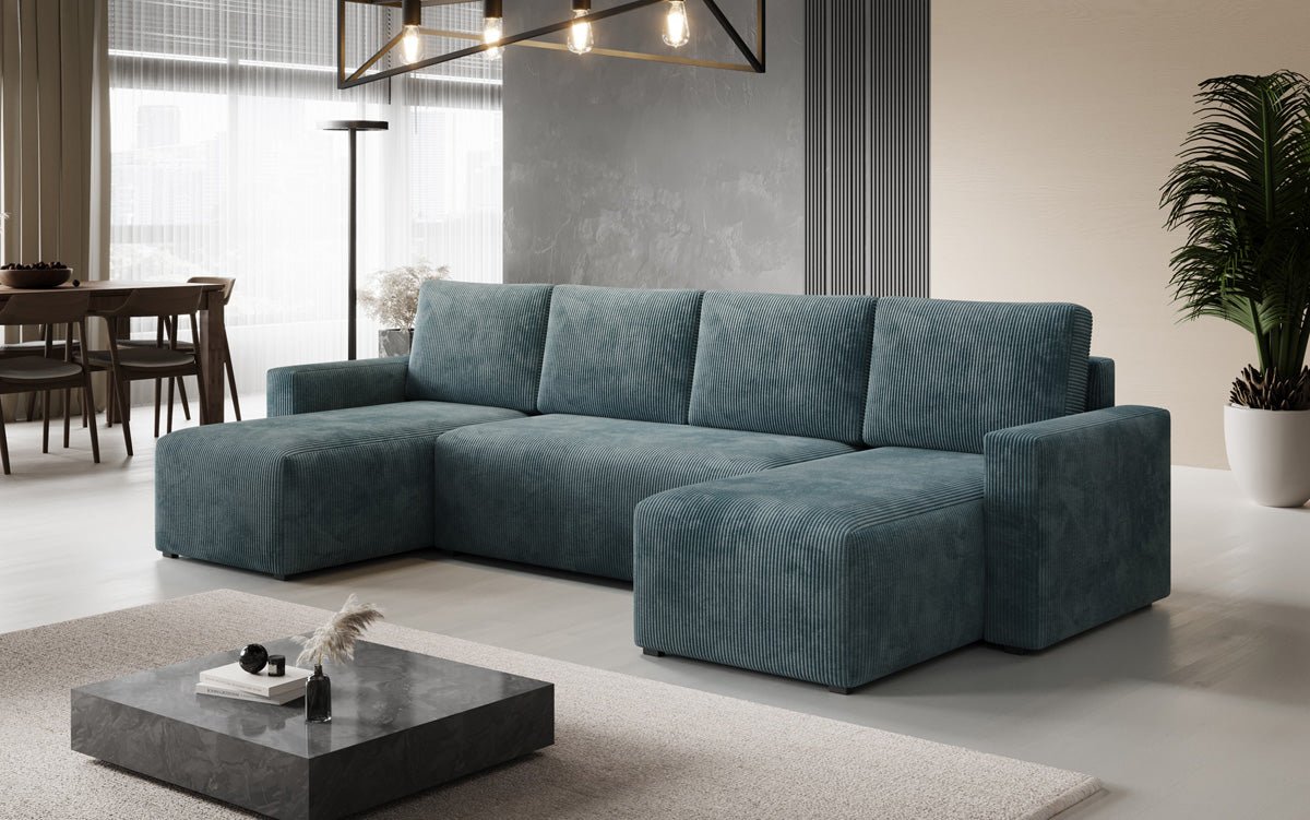 Designer Sofa Melva U met slaap- en klapfunctie in Ribstof