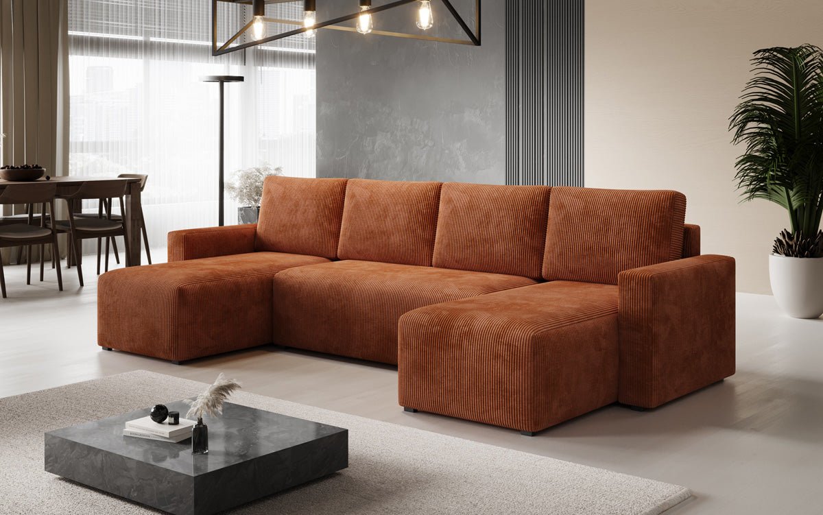 Designer Sofa Melva U met slaap- en klapfunctie in Ribstof