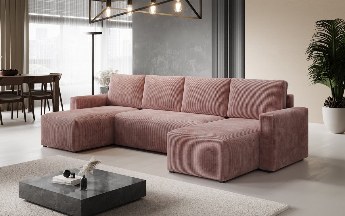 Designer Sofa Melva U met slaap- en klapfunctie in Ribstof