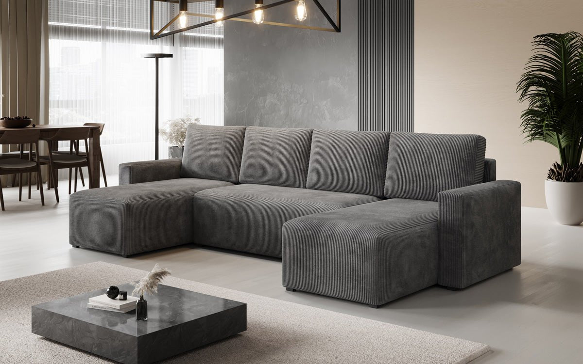 Designer Sofa Melva U met slaap- en klapfunctie in Ribstof