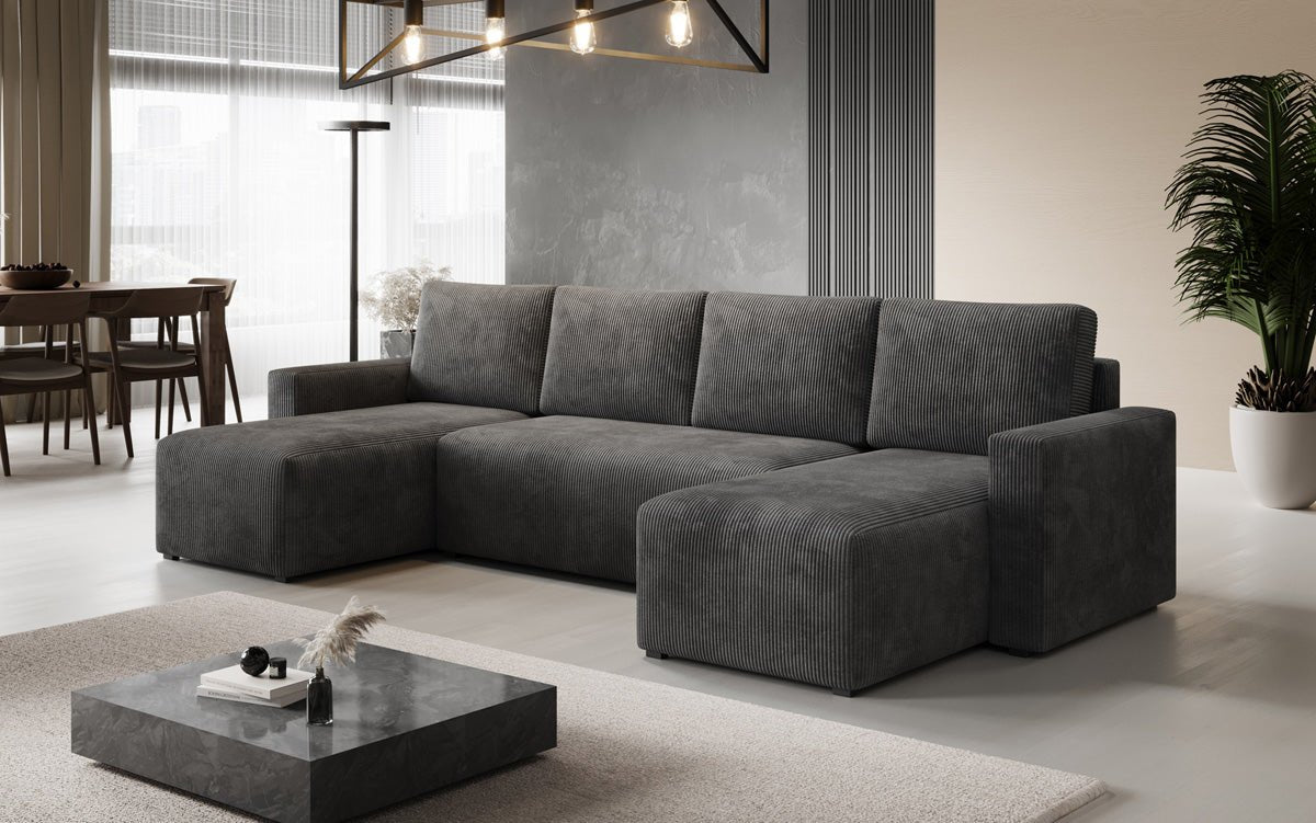 Designer Sofa Melva U met slaap- en klapfunctie in Ribstof
