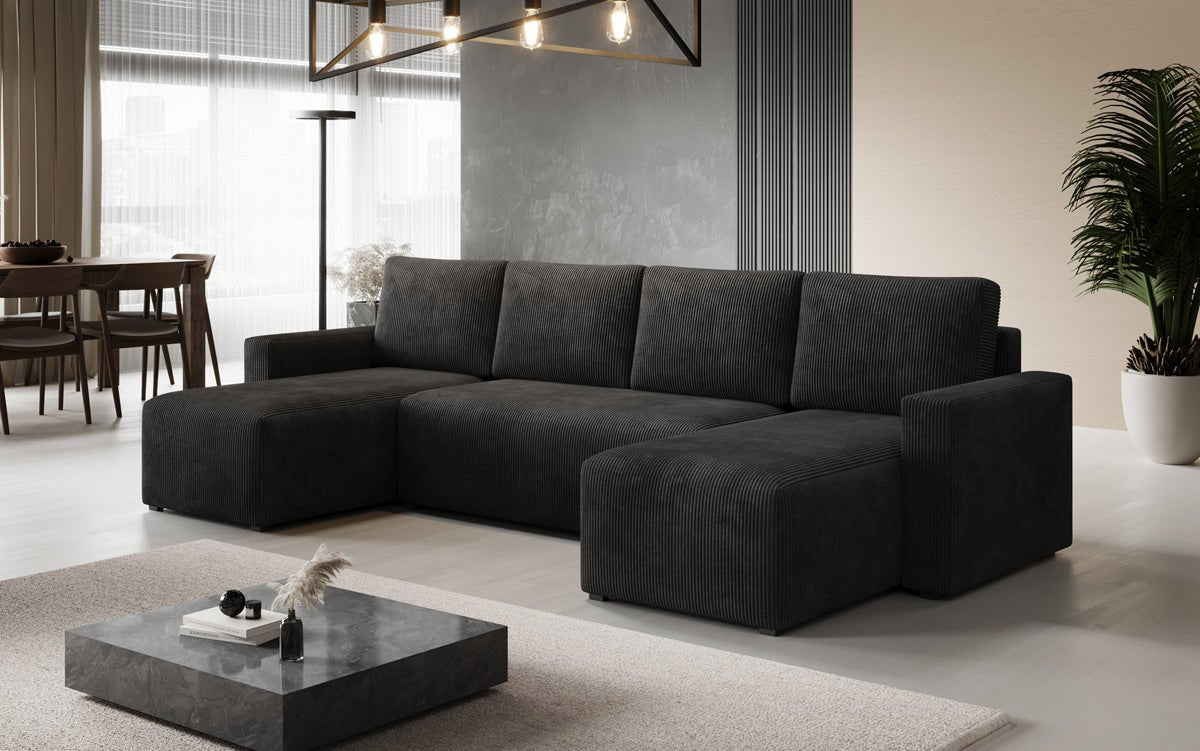 Designer Sofa Melva U met slaap- en klapfunctie in Ribstof