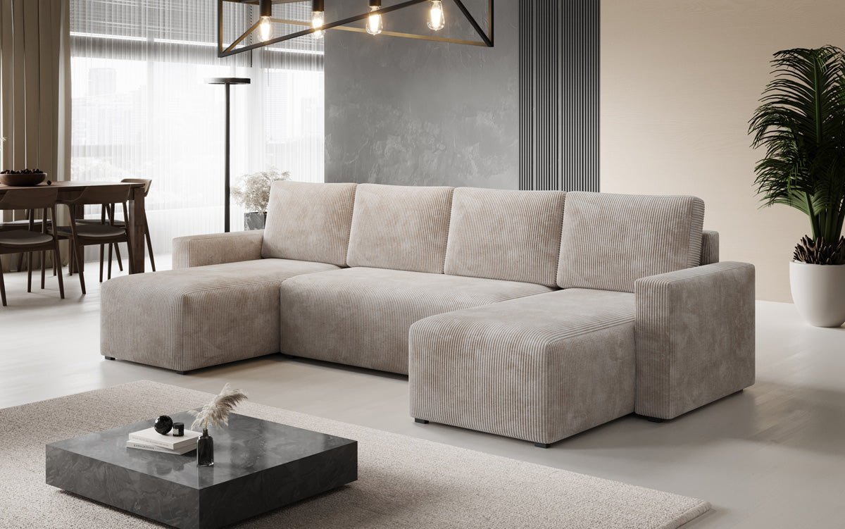 Designer Sofa Melva U met slaap- en klapfunctie in Ribstof