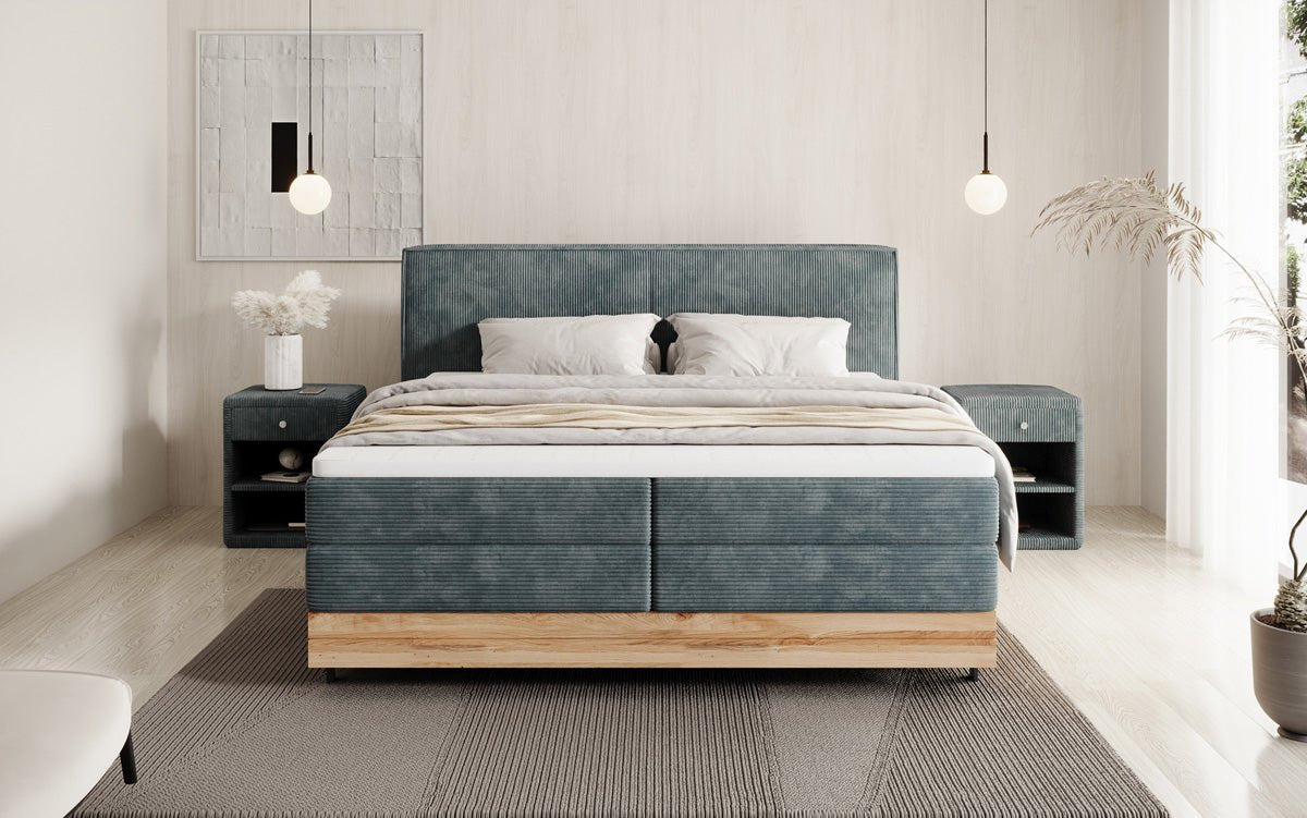 Houten bed/Boxspringbed Nero met opbergruimte in Ribstof