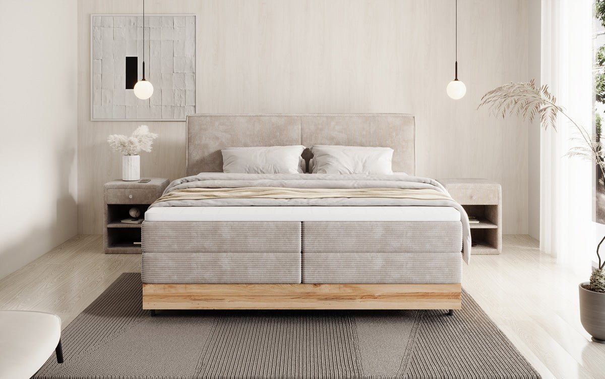 Houten bed/Boxspringbed Nero met opbergruimte in Ribstof